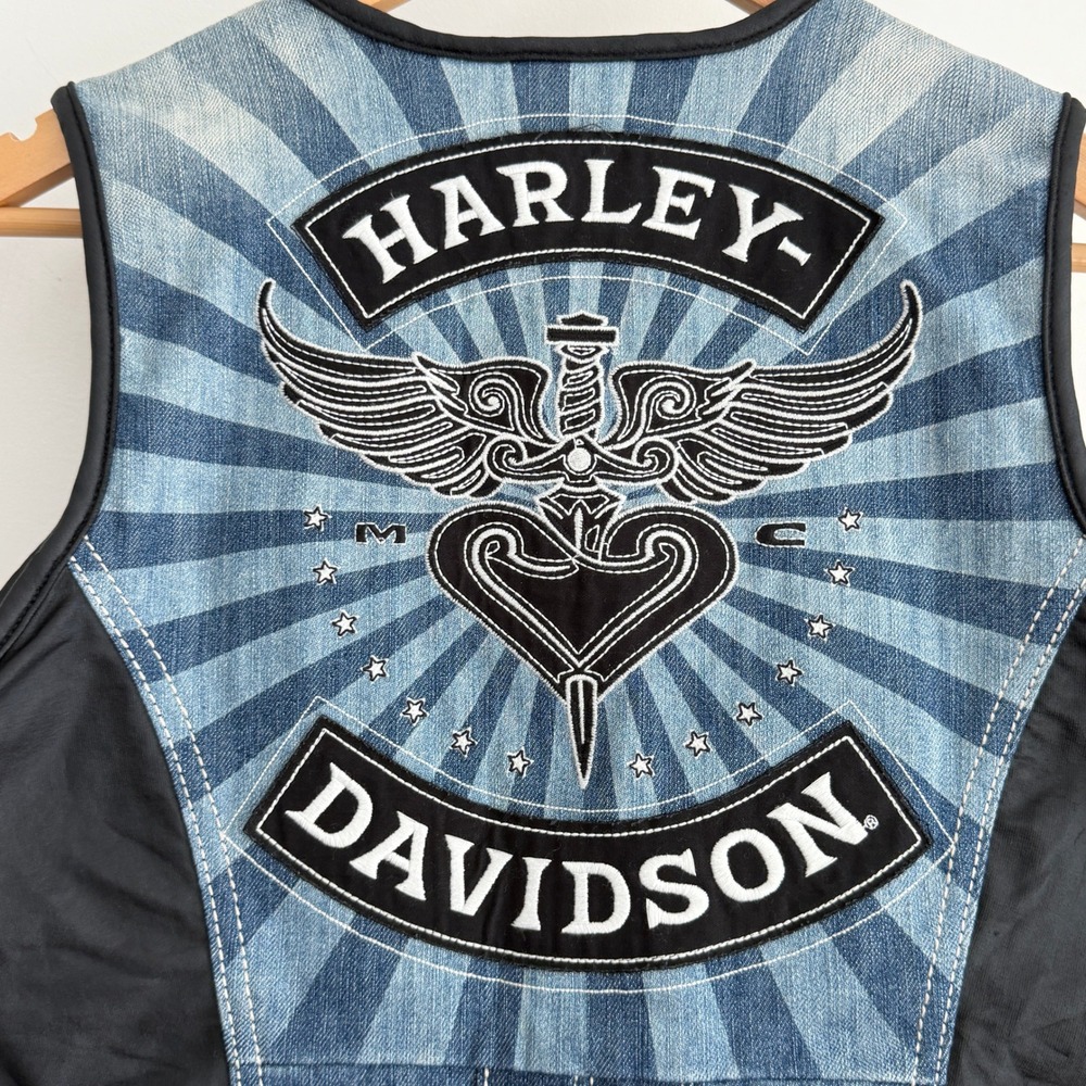 Vintage Harley Vintage Davidson Vest Womens Medium Denim Y2K Corset Lace Up - Picture 5 of 12